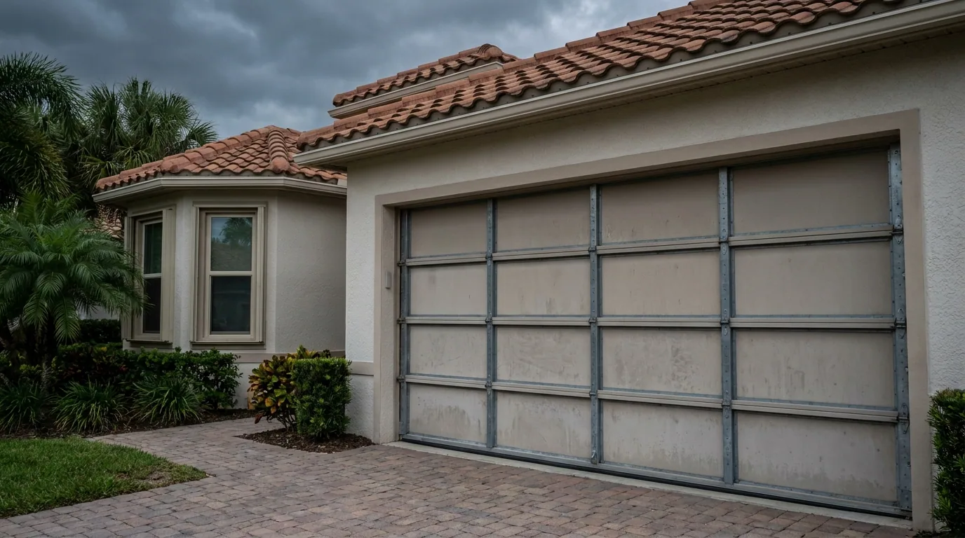 an impact-rated garage door on a Florida house under a storm sky